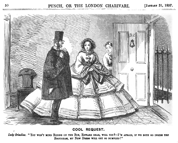 However, it was a fact that the size of the crinoline often caused difficulties in passing through doors, boarding carriages and generally moving about.
