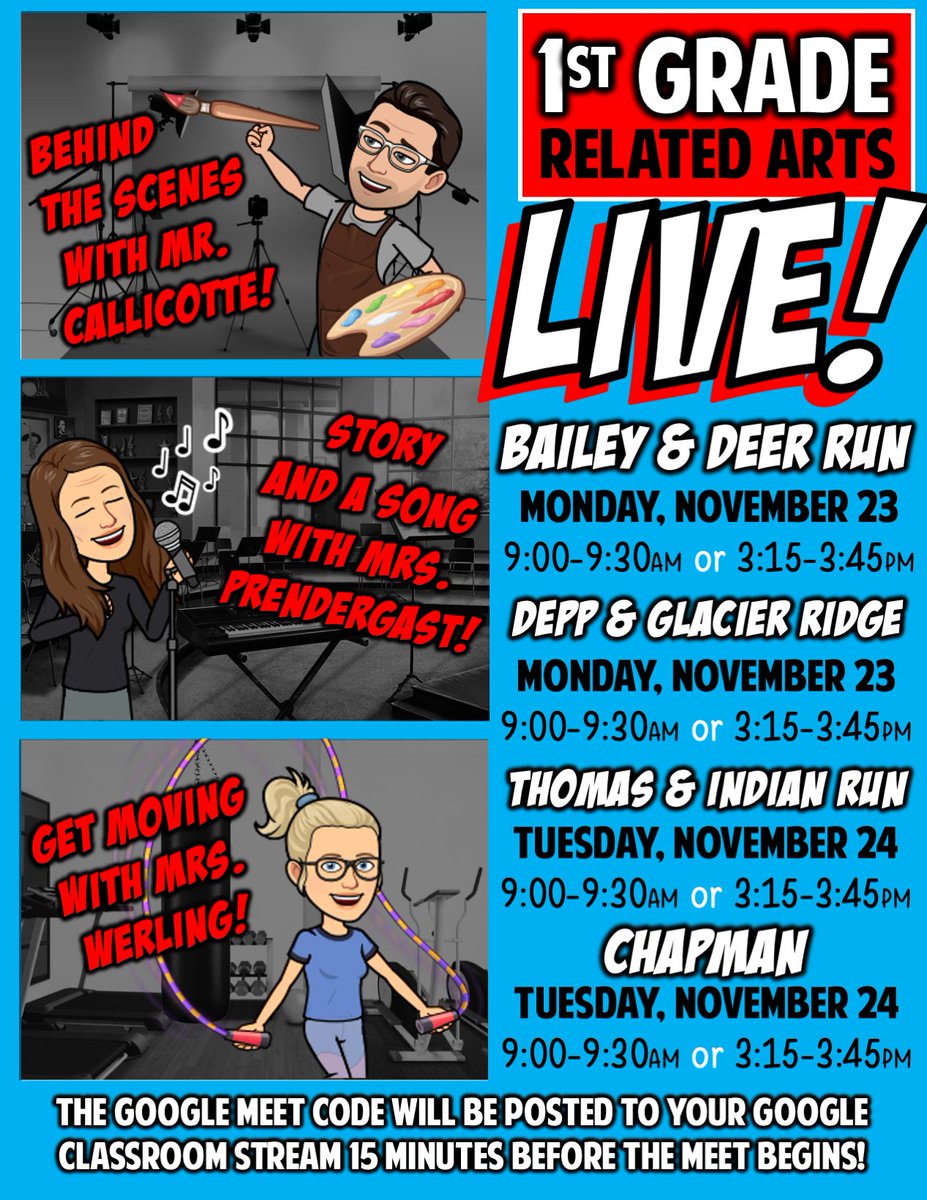 1st graders at <a href="/beDCSD/">besDCSD</a> <a href="/dreDCSD/">dreDCSD</a> <a href="/adeDCSD/">Abraham Depp Elementary</a> <a href="/greDCSD/">GRE</a> <a href="/teDCSD/">Thomas Elementary School</a> <a href="/ireDCSD/">ireDCSD</a> and <a href="/ceDCSD/">Chapman Elementary</a>, we hope you join us on Monday 11/23 or Tuesday 11/24 for RELATED ARTS LIVE!