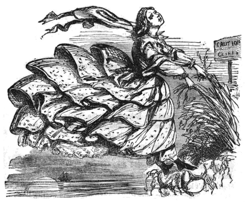 Other risks associated with the crinoline were that it could get caught in other people's feet, carriage wheels or furniture, or be caught by sudden gusts of wind, blowing the wearer off her feet.