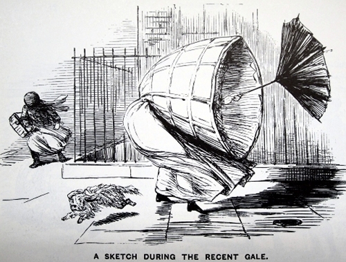 Other risks associated with the crinoline were that it could get caught in other people's feet, carriage wheels or furniture, or be caught by sudden gusts of wind, blowing the wearer off her feet.