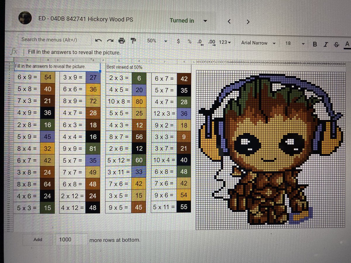 DhillonMrs's tweet photo. What a FUN way to practise multiplication facts using Pixel Art! My Grade 4’s have a reason to practise so that they can reveal the Mystery picture! #mathisfun #reasontosolve #multiplicationfacts ⁦@HickoryWoodPS⁩ ⁦@DellaLataille⁩ https://t.co/kYTHvaC5SV