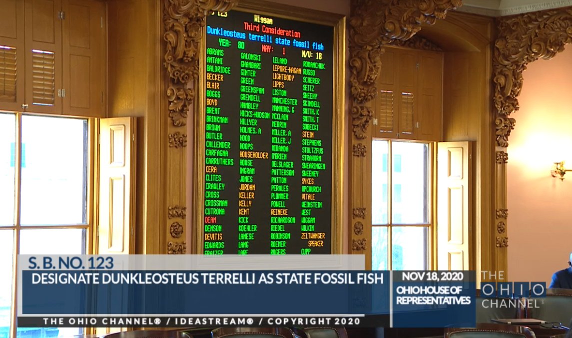 Tylerjoelb's tweet photo. State Rep. Bill Dean being the lone vote against making dunkleosteus terrelli Ohio's official state fossil fish has to be the funniest Statehouse vote of the year https://t.co/WrDLkBnAQ7