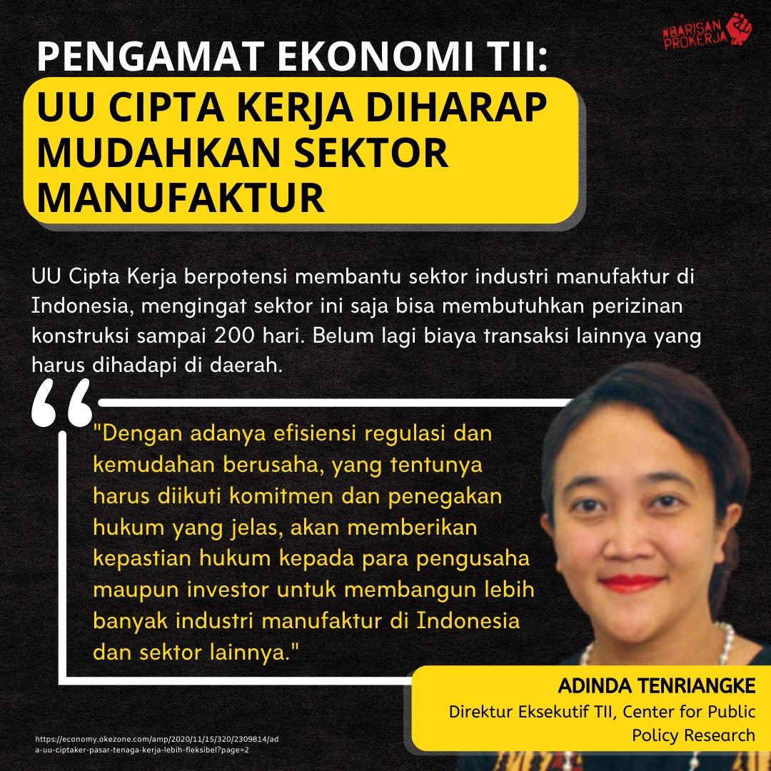 Dhinijogja's tweet photo. Pengamat Ekonomi TII, Adinda T. "Undang-undang Cipta Kerja berpotensi membantu sektor industri manufaktur di Indonesj," Ujarnya.

#BarisanProKerja
#KuatHadapiResesi 
@nyai_agengjogja @retno_setyowat https://t.co/INxbbW3gvV