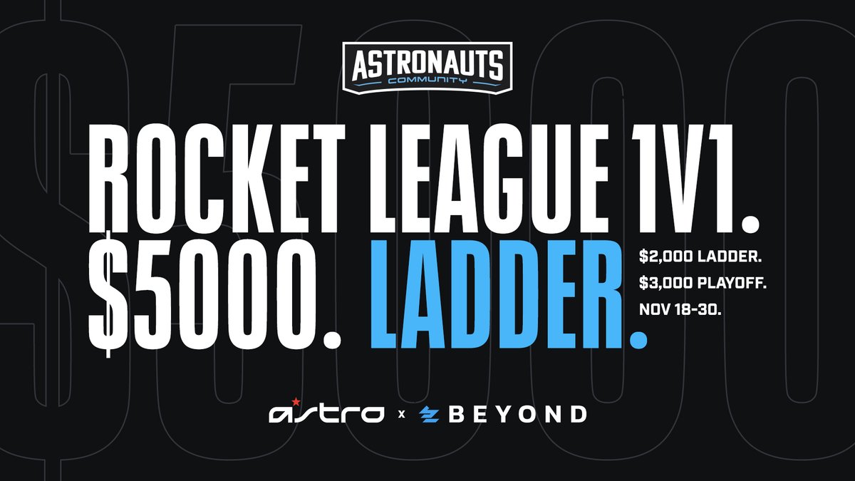 We’re kicking off the Beyond Open Beta with a classic – <a href="/RocketLeague/">Rocket League</a> powered by <a href="/ASTROGaming/">ASTRO Gaming</a>!

The very first #ASTRONAUTS Community 1v1 Ladder:
📅 November 18 - 30th
🏆 $5,000 Ladder + Playoff

Create Account: bit.ly/PlayBeyondSign…
Register &amp; Compete: bit.ly/RL1v1-Beta