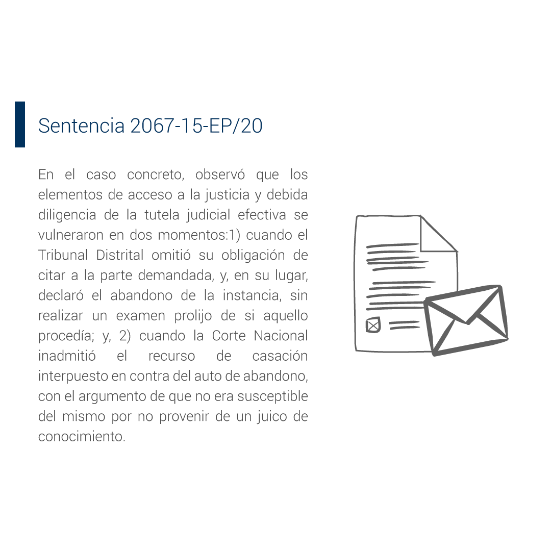 CorteConstEcu's tweet photo. #NovedadesJurisprudenciales | La falta de impulso imputable a la administración de justicia no justifica la declaratoria de abandono. 📄Ver sentencia➡️https://t.co/XjluwFpzMv https://t.co/ClKs03niB6