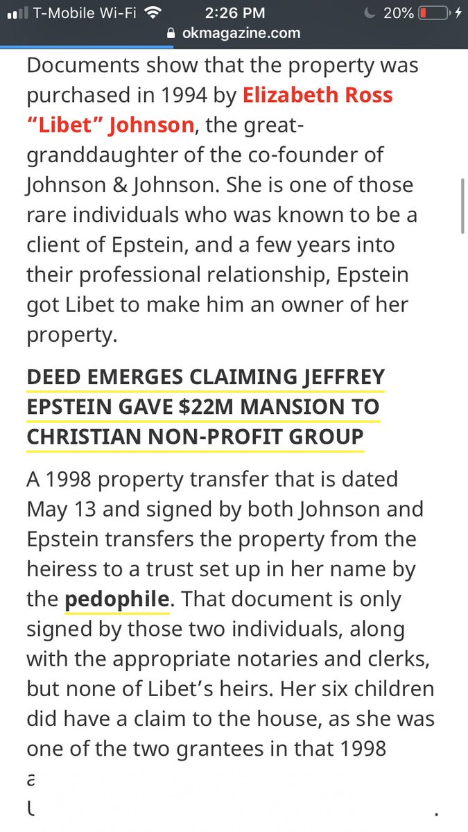 Elizabeth Ross Libet Johnson, granddaughter of Johnson&Johnson’s cofounder names Epstein to her trust before death. https://okmagazine.com/exclusives/jeffrey-epstein-colorado-ski-chalet/