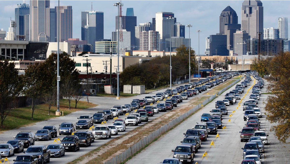 GravelInstitute's tweet photo. This is a line for a food bank in Dallas. Congress has decided to leave millions of Americans to suffer and die. https://t.co/4uH7k0yW7v