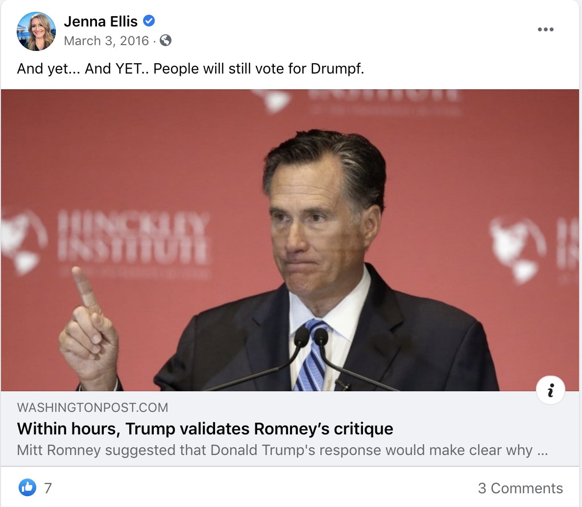 Ellis said Trump's values were "not American," linking to a post that called Trump an "American fascist." She praised Mitt Romney for speaking out against Trump, referring to Trump as "Drumpf."  https://www.cnn.com/2020/11/18/politics/kfile-jenna-ellis-2016-trump-comments/index.html