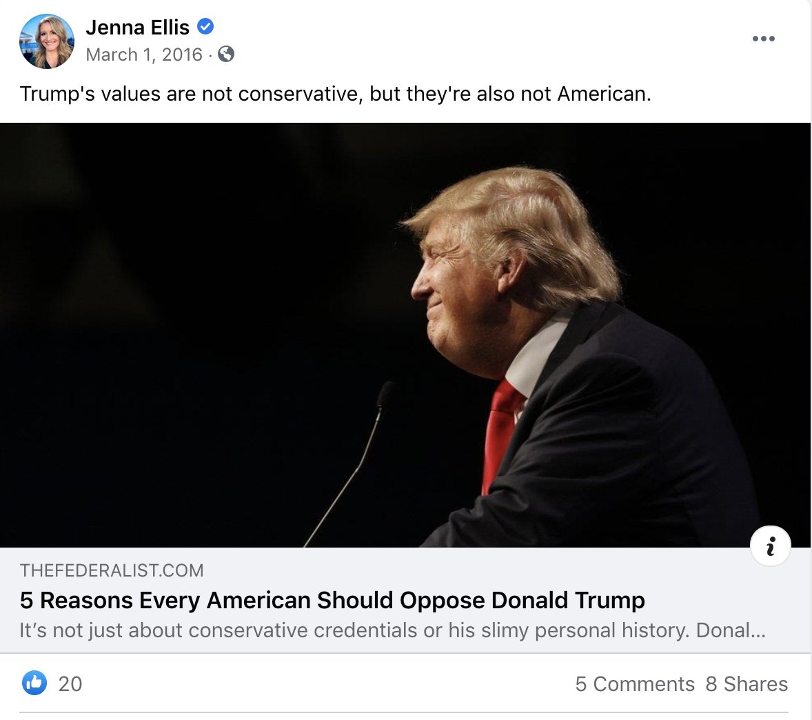 Ellis said Trump's values were "not American," linking to a post that called Trump an "American fascist." She praised Mitt Romney for speaking out against Trump, referring to Trump as "Drumpf."  https://www.cnn.com/2020/11/18/politics/kfile-jenna-ellis-2016-trump-comments/index.html