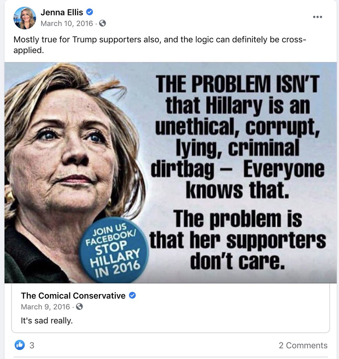 Here are some of Ellis' Facebook posts, which are all linked in the story. https://www.cnn.com/2020/11/18/politics/kfile-jenna-ellis-2016-trump-comments/index.html