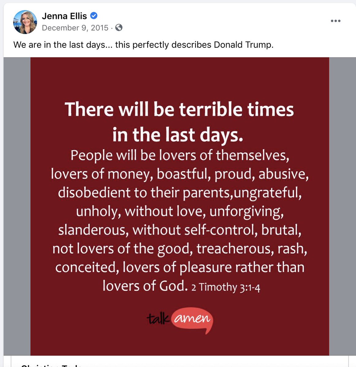 Here are some of Ellis' Facebook posts, which are all linked in the story. https://www.cnn.com/2020/11/18/politics/kfile-jenna-ellis-2016-trump-comments/index.html