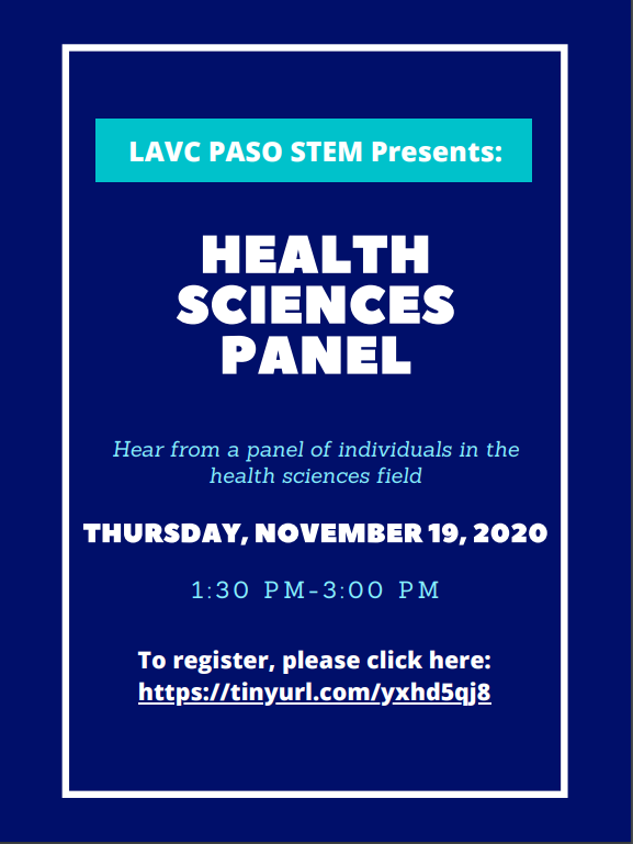 LAVC_STEM's tweet photo. STEM Presents Health Sciences Panel Register here: https://t.co/bXm9cs97eV https://t.co/fWxlHOYpQ7