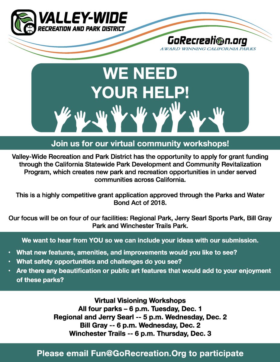 Valley-Wide is applying for state grant money that would help improve up to four parks in the district and we're looking for your input. Please attend our upcoming virtual meetings Dec. 1-3. #parksmakelifebetter #IAmValleyWide