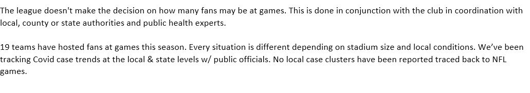 Monday, the Baltimore Ravens, Philadelphia Eagles and Washington Football Team all said they would not be hosting fans at their next home games. The NFL told me it will always be up to health officials to decide if there are changes to attendance.(statement below)  @wfaa