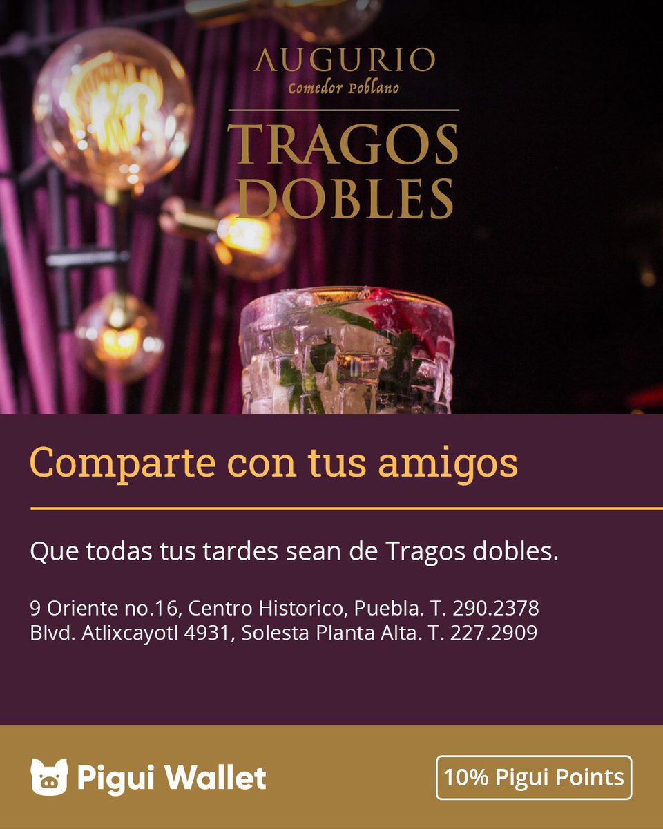 PiguiWalletMX's tweet photo. En Augurio #Restaurante todos los días son de Tragos dobles. 🥃✨ Visítalos y gana el 5% de tu cuenta en #PiguiPoints 🙌 https://t.co/36sbrAk1if