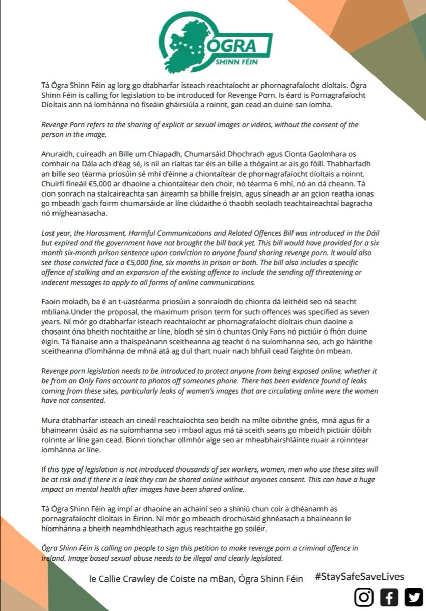 Ogra_SF's tweet photo. Ráiteas ó Choiste na mBan / Statement from the Women's Committee.

Tá Ógra Shinn Féin ag lorg go dtabharfar isteach reachtaíocht ar phornagrafaíocht díoltais.

Ógra Shinn Féin is calling for legislation for the criminalisation of revenge porn. https://t.co/ACrgWBeVKp