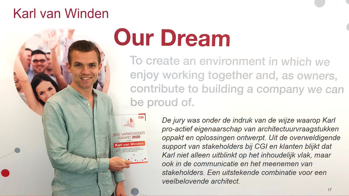 dev_at_CGI's tweet image. Congrats to Karl van Winden, winner of the 2020 #CGI Bas Varkevisser Award, recognizing him as a young developer who has fulfilled an architect, designer or other technical leadership role. In the award ceremony, @eltjopoort also touched how to become a software architect. #dev