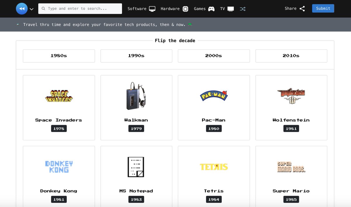 sideprojectsnet's tweet photo. TechRewind by @naeemol is a website where you can travel through time and get a glimpse of how products looked like when they first launched ⏪

Check it out! ����

https://t.co/HbTafVcT1E https://t.co/s4qqlYDJjz
