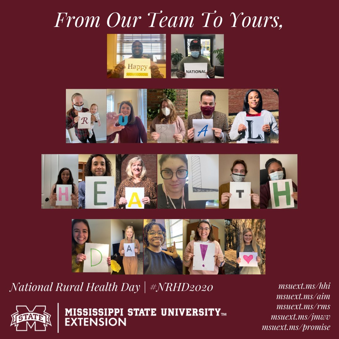 Have a great National Rural Health Day &amp; share how you are impacting #Rural #Health! Also, learn how <a href="/MSUExtService/">MSU Extension</a> is working in this area:

msuext.ms/hhi 
msuext.ms/aim 
msuext.ms/rms 
msuext.ms/jmwv
msuext.ms/promise

#NRHD2020