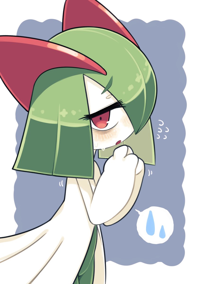 kirlia solo red eyes pokemon (creature) green hair blush hands up own hands together  illustration images