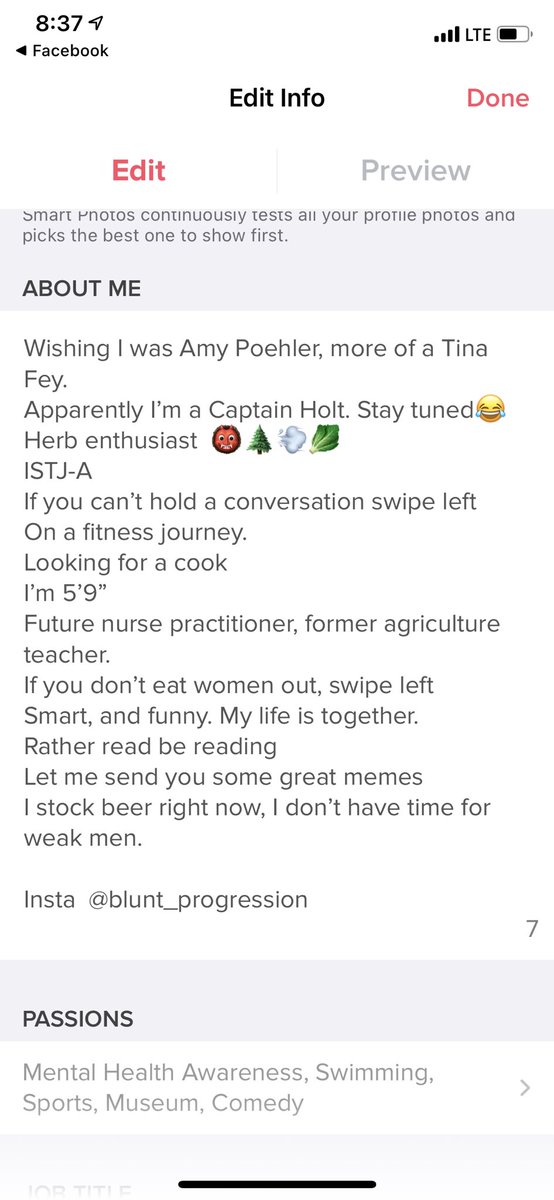 ColdLettuce29's tweet photo. This is my bio on tinder. LMAO. I think it’s perfect 😍😍😍😍😍😍😂😂😂🤔 let’s spice it up with some comments. https://t.co/vTlVtBPp5W