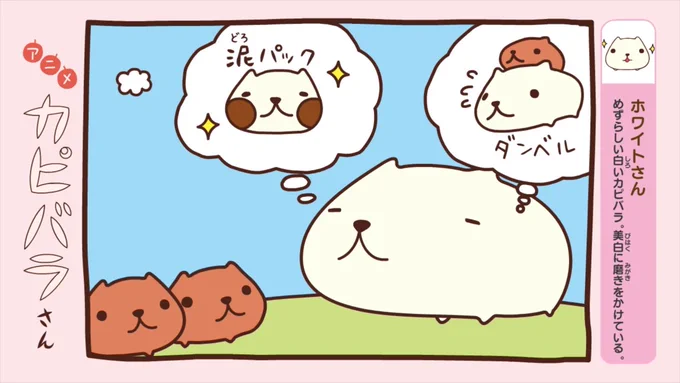 #アニメカピバラさん 明日は第8話!

ホワイトさんは、珍しい白いカピバラ。
白く美しくなるため、努力を惜しみません。

テレビ東京系「きんだーてれび」にて あさ7:30放送?✨
#梅原裕一郎 #カピバラさん
https://t.co/gt4ex8sm0l

YouTube見逃し配信&amp;再生リストはこちら!
https://t.co/fkI2RCPnZB 