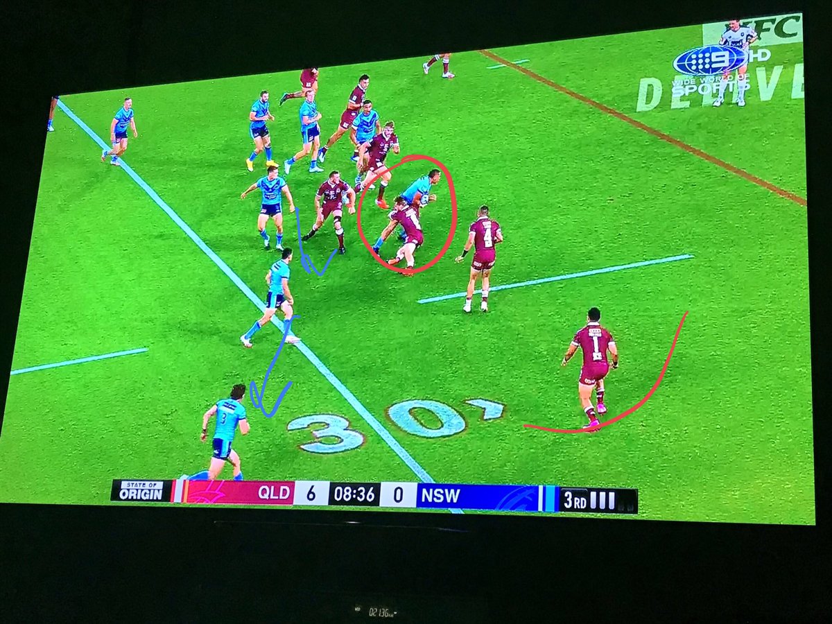 With Walker around Cleary’s side, NSW have an overlap, with Walker looking to take advantage of the one man overlap.....but Cleary passes for a Frizell hit up. A Great attacking chance ruined and numbers advantage ignored.