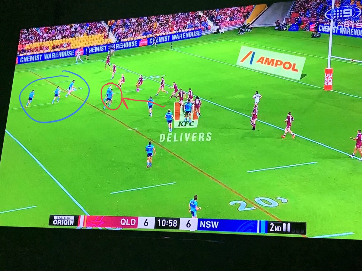 NSW have a 2 man overlap with Tedesco and Walker begging for the ball, but Cleary turns back inside for a useless hit up. Absolutely crazy. 2 man overlap completely wasted.