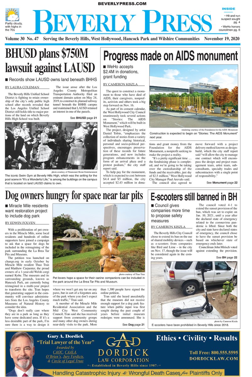 BeverlyPress's tweet photo. Check out tomorrow's front page #HotOffThePress 

@gobhusd @LASchools @JohnDuran @WeHoCity @TheAIDSMonument @labreatarpits @CityofBevHills  @LiliBosse1 @juliangoldmd @JohnMirisch #weho #westhollywood #la #losangeles #beverlyhills #bevhills #bh #aidsmonument #stories #escooters https://t.co/glu6cGAshs