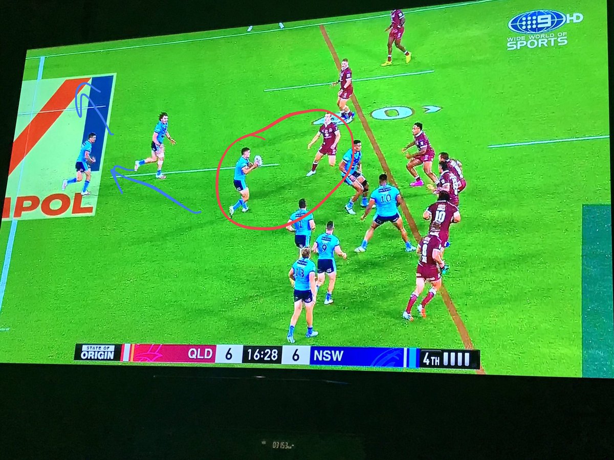 Quick hands and NSW have a great a attacking chance with another one-man overlap with Walker looking to exploit the numbers....but Cleary with no quick hands takes a hit-up. Another attack ruined. Wighton and Tupou desperate for the ball all night.