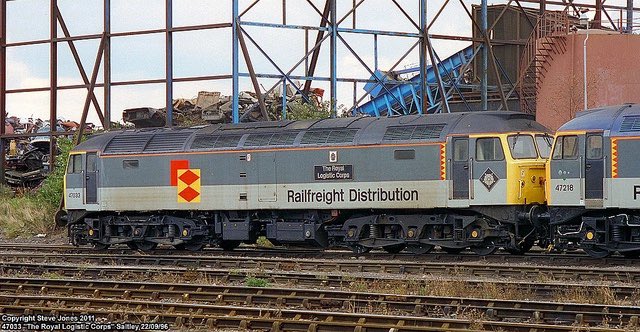 when British Rail divided freight operations into sectors, one innovative thing they came up with was a livery intended to camouflage this as much as possible, called Triple Grey, that attempts to match that pattern. I think it works very well