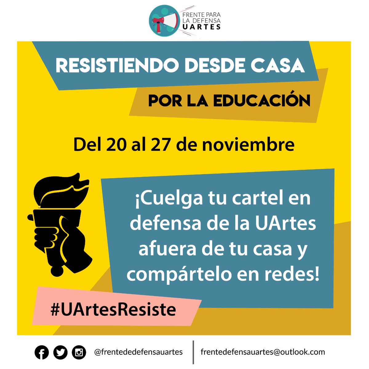Resistiendo desde casa 📣🏠
Únete a esta iniciativa por una educación en artes, pública y de calidad. 
📌Cuelga tu cartel o tela fuera de tu casa con un mensaje de resistencia y compártelo en redes. 
Más info. en el link:
👉🏽drive.google.com/file/d/1dTHPAh…