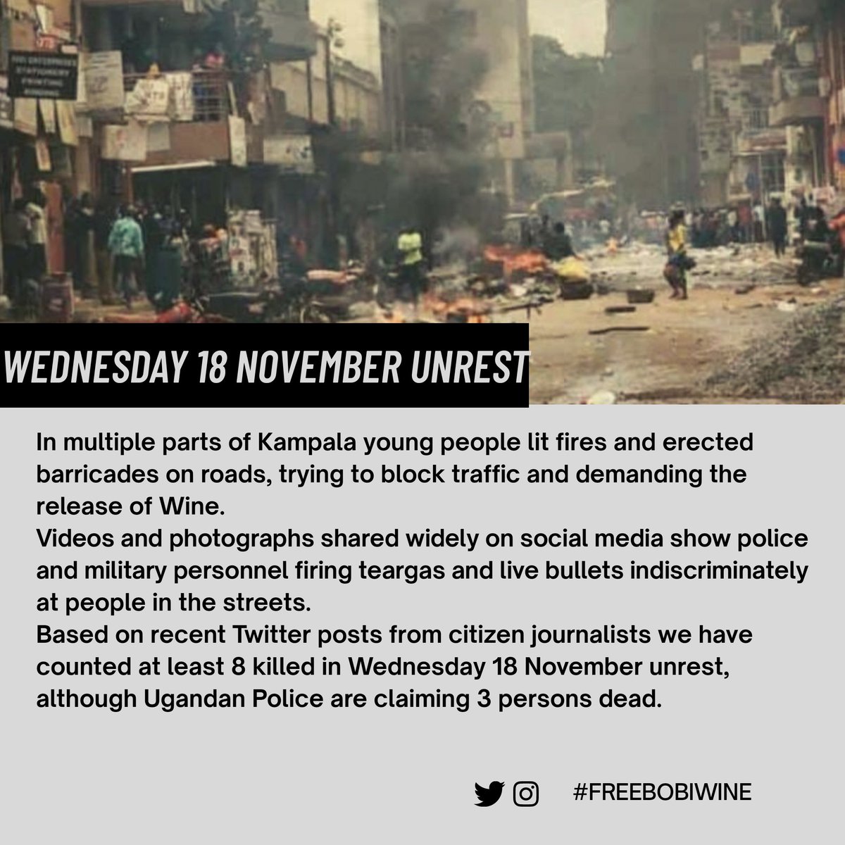 N0THERETOBENICE's tweet photo. On Wednesday 18 November Ugandan Police arrested Presidential candidate @HEBobiwine sparking unrest across the country. See images for a summary. The international community should not ignore this any longer! #FreeBobiWine #UGDecides2021 #StopPoliceBrutalityinUganda https://t.co/HwmJFIJr51