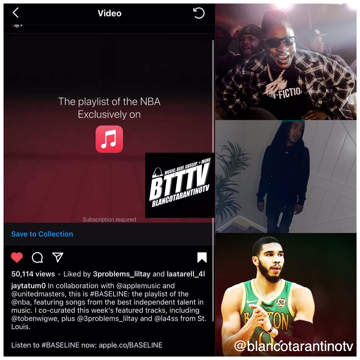 BlancoTarantino's tweet photo. STL native and #NBA player #JaysonTatum collaborated with #AppleMusic & #UnitedMasters to co-curate this week’s #BASELINE playlist featuring STL artists #3Problems & #LA4ss 🏆🏆🏆 https://t.co/GatKxJCH0b