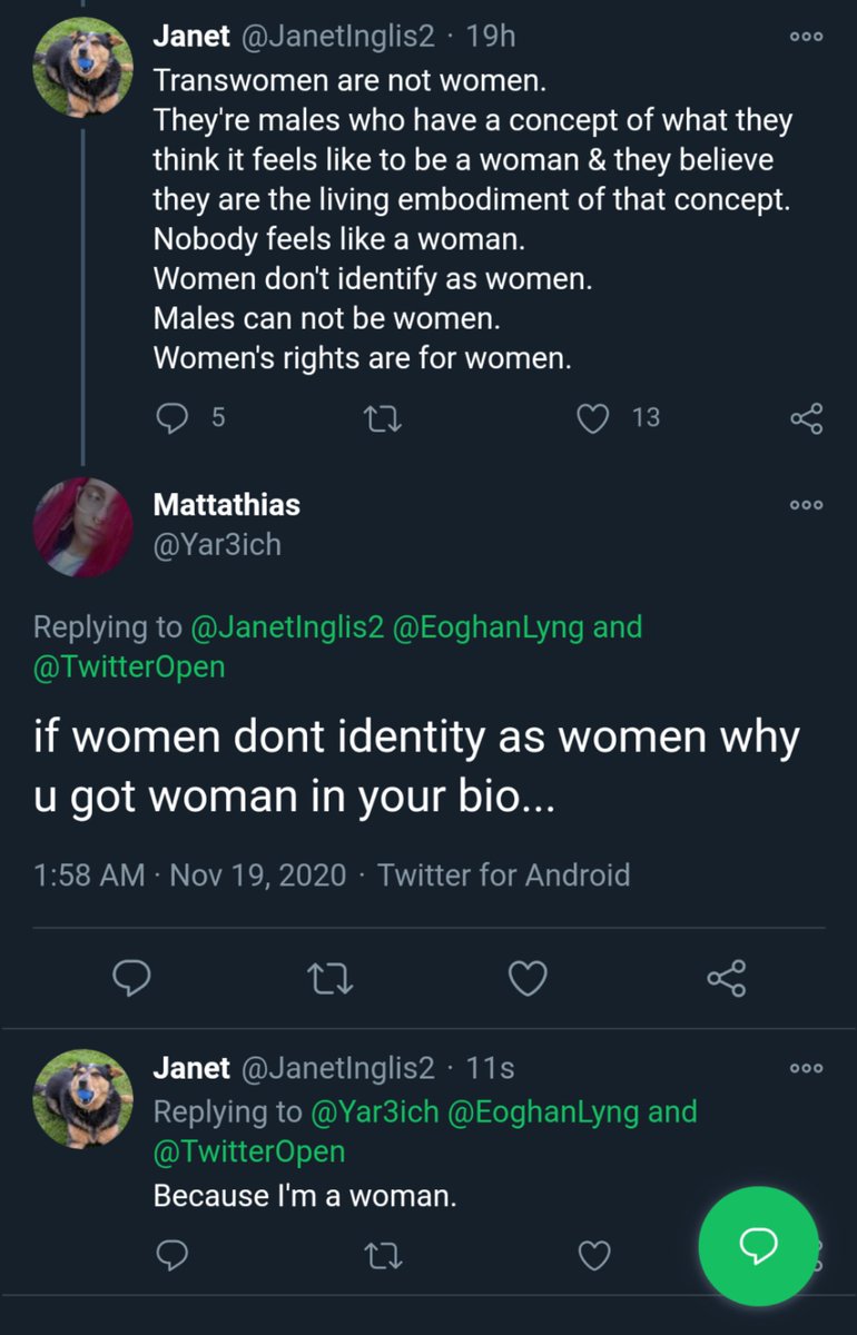 I only spotted this one when somebody liked it, obviously because it's a real gotcha!How can a woman be a woman if she doesn't identify as a woman?A question that has plagued women since we first started pretending we were more than the figment of man's imagination.