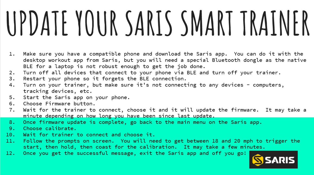 TriJayhawkRyan's tweet image. Getting a #smarttrainer for the winter?
Make sure you update the firmware and calibrate often for the best results!
#saristrainers