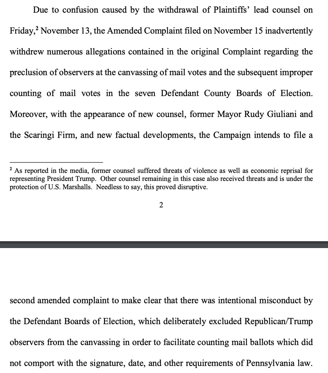 The Trump campaign says that its first amended complaint "inadvertently withdrew" large sections devoted to their (unsubstantiated) observer claims due to "confusion caused by the withdrawal of [their] lead counsel." Don't miss the footnote.  https://www.courtlistener.com/recap/gov.uscourts.pamd.127057/gov.uscourts.pamd.127057.170.0_1.pdf