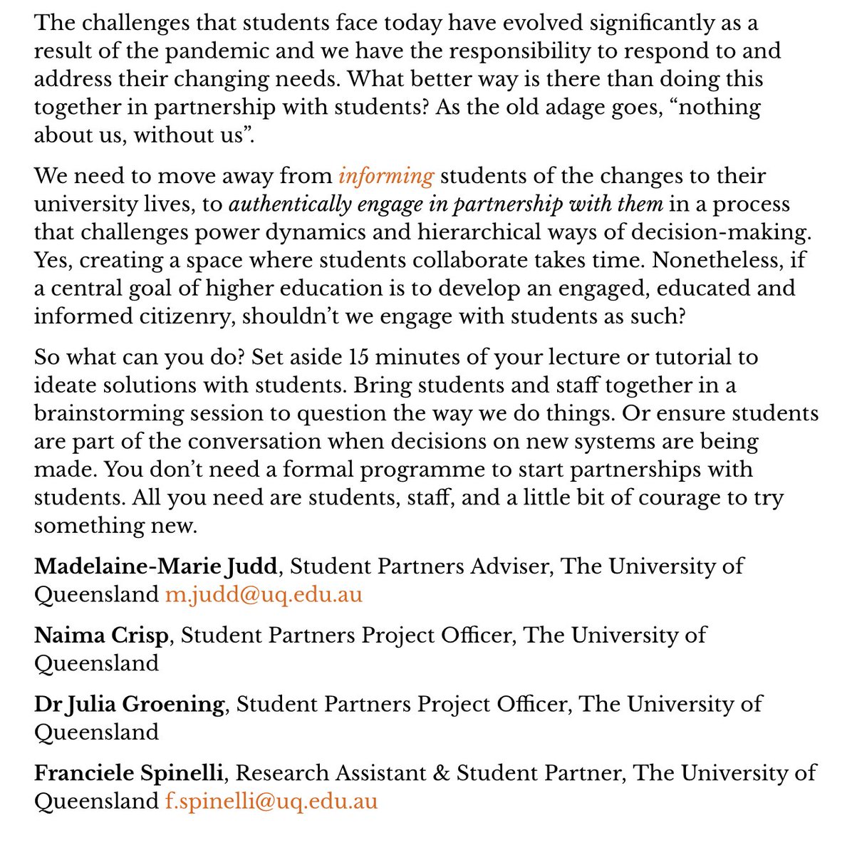 This wk in my CMM series <a href="/SRMatchett/">Stephen Matchett</a> 
<a href="/UQ_News/">UQ News</a> <a href="/MadelaineMarieJ/">Madelaine-Marie Judd</a> @NaimaCrisp 
<a href="/fra_spinelli/">Franciele Spinelli (FRAN)</a> <a href="/juliagroe/">Julia</a>
Keeping student-staff partnerships alive in #COVID19
We can't (&amp; shouldn't) 'do HE' without them!
Take 15mins w Ss to engage for co-created responses
#SaP
bit.ly/3pRkqMW