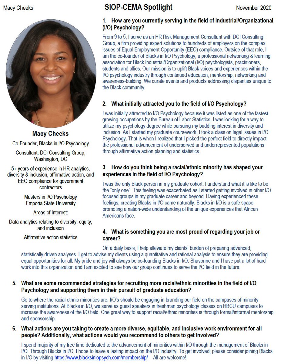 SIOP_CEMA's tweet photo. Next #CEMAspotlight is a double feature! Highlighted are the co-founders of @blacksinIO Shavonne Holman &amp; @MacyCheeksIO - They share their valuable insights regarding strategies for increasing representation for racial/ethnic minorities in SIOP! @SIOPtweets https://t.co/o2Y9mgyEJ9