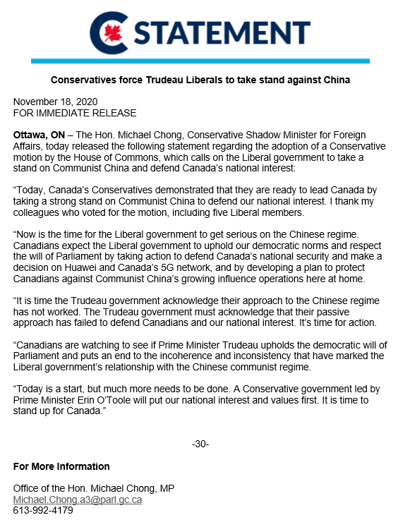 My statement on the House of Commons adopting a motion on China, calling on Liberal gov’t to: 👉make a decision on Huawei in Canada’s 5G network within 30 days and 👉unveil a plan to stop China’s covert operations in Canada that are threatening Canadians michaelchong.ca/wp-content/upl…