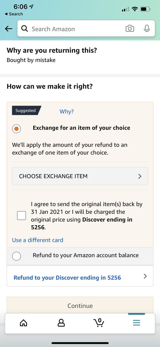Amazon apparently doesn’t want my refund to go back onto my credit card.  Can you find the “Refund to your Discover”? <a href="/darkpatterns/">rook2root</a> #darkpattern