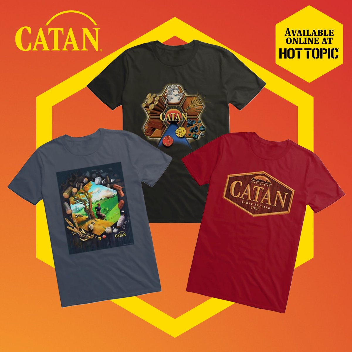 📢  #CATAN® Shirts now available online at <a href="/HotTopic/">Hot Topic</a>!📢
We're excited to have three brand new shirts on HotTopic.com. Each design features custom art created by:
<a href="/kwanchaimoriya/">Kwanchai Moriya</a> 
@TheMeatyard 
<a href="/ronguyatt/">🤖 Ron Guyatt 🤖</a> 

Find them here: hottopic.com/search?q=catan