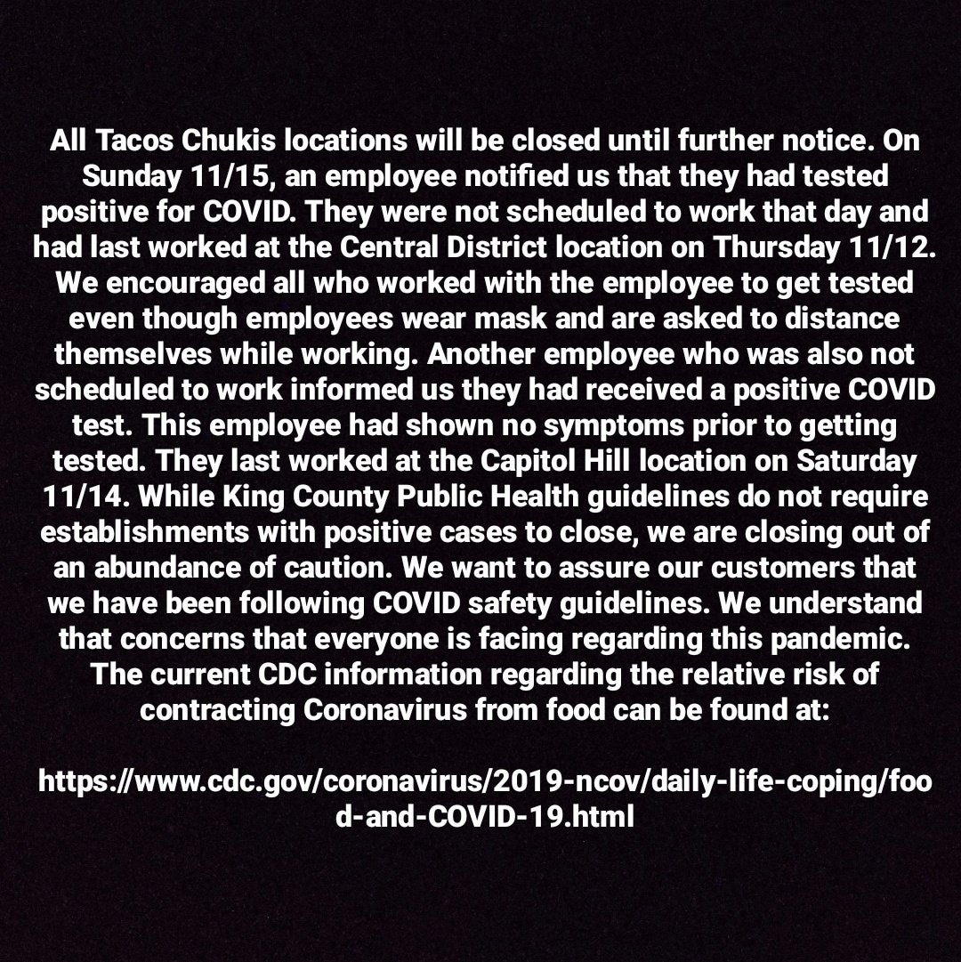All <a href="/TacosChukis/">Tacos Chukis</a> locations will be closed until further notice. More information below. Please stay safe, everybody.

#TacosChukis #Seattle #Covid_19