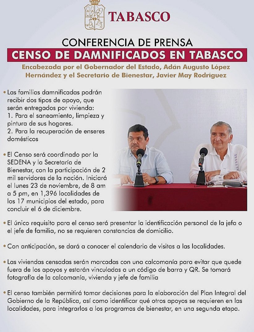 Les comparto los puntos más importantes que se abordaron en la conferencia de prensa de nuestro Gobernador <a href="/adan_augusto/">Adán Augusto López H</a> y el Secretario de Bienestar <a href="/TabascoJavier/">JAVIER MAY</a> que se llevó a cabo hoy 18 de noviembre de 2020, en favor de los afectados por las pasadas inundaciones en #Tabasco