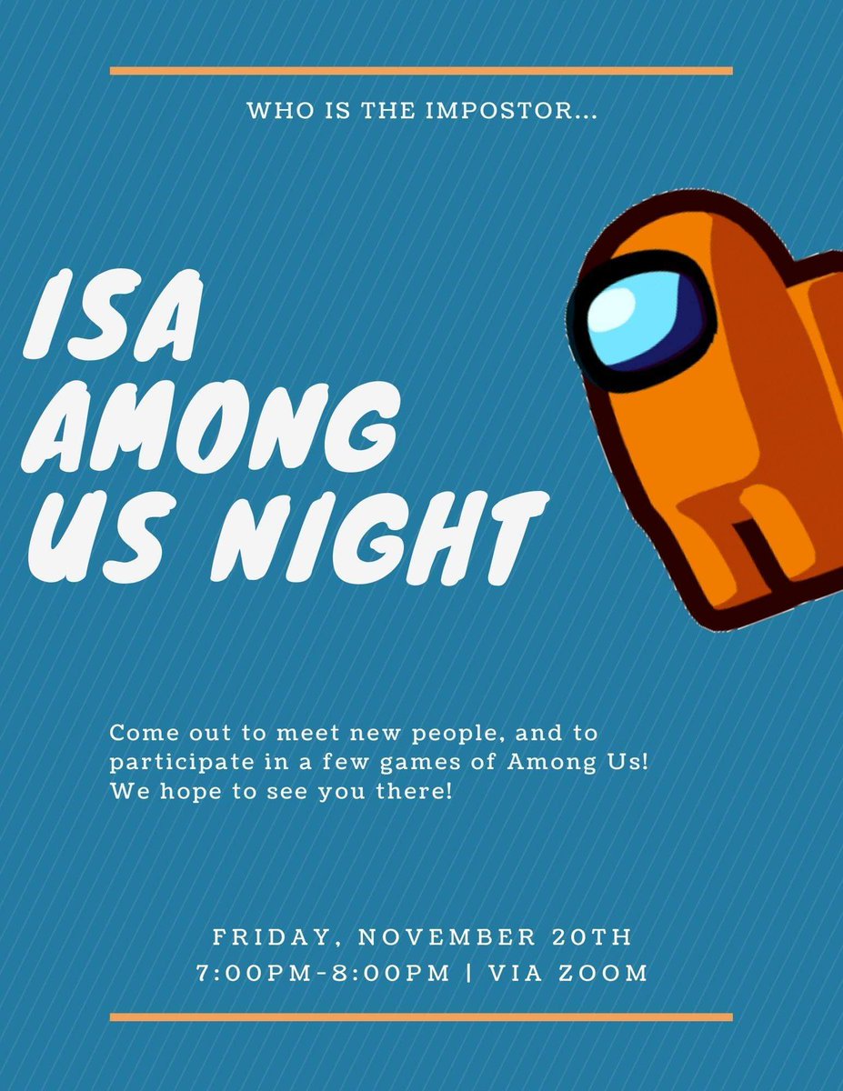 UCSCISA's tweet image. ISA will be hosting an Among Us night this Friday from 7PM-8PM, we hope to see you there!! 😀