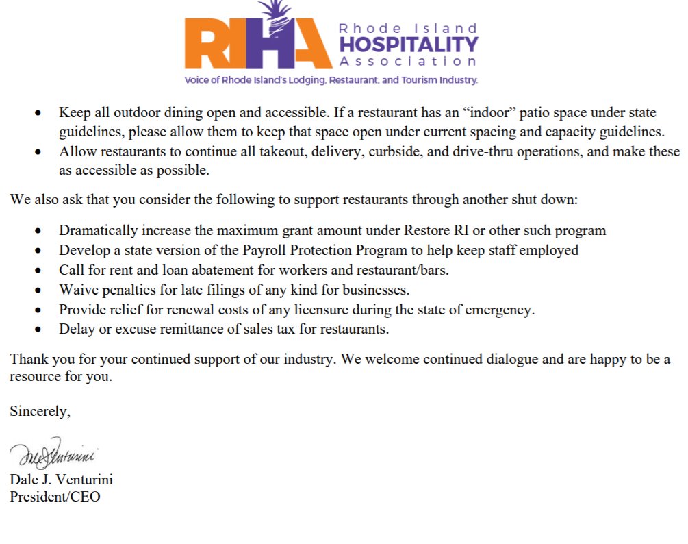 1) Since I don't have the same audience as  @RIHospitality, I wanted to use twitter to respond to the recent letter that they sent to  @GovRaimondo regarding the current rise in COVID cases and indoor dining (attached).cc  @TedNesi  @StephMachado  @wpri12  @RadioFreeTom  @ashishkjha