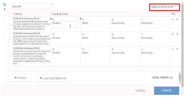 (4/8): Speaking of rubrics, once you have your custom learning objectives set up, you can easily include those in rubrics + apply any grading scale that you have customized in your Gradebook (such as a 1-4 model) by selecting "Apply Grading Scale" in the top right of the rubric.