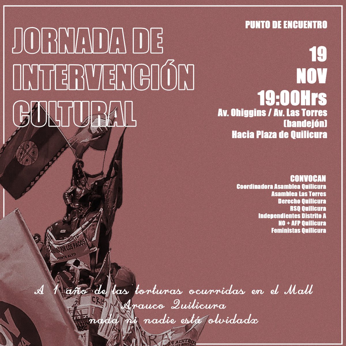 🌿🌼  RSQ  🌼🌿

Se une al día de intervención cultural a un año de las torturas en el mall de Quilicura, ni perdón, ni olvido.

Quedas cordialmente invitado a participar y ser parte de esta gran jornada cultural y popular, te esperamos...
