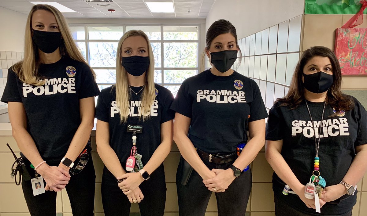 AldridgeEIS's tweet image. GRAMMAR POLICE 🚔👮🏼‍♀️🚨 #2020Edition #CareerDay #WeAreSilentlyCorrectingYourGrammar #AndCleaningYourDesk #LAteachers #WackyWednesday #StopGrammarTime #CorrectAndServe #SanitationSquad #PunctuationSavesLives #SoDoMasksAndLysol  @EubanksDragons @Carrollisd
