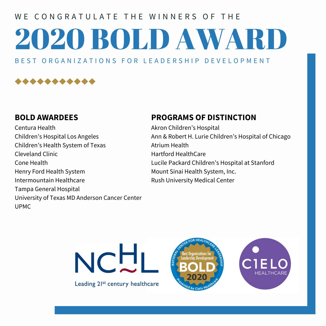 Congratulations to the 2020 Best Organizations for Leadership Development (BOLD) awardees! #hcic2020 @CenturaHealth <a href="/ChildrensLA/">Children's Hospital LA</a> <a href="/childrens/">Children's Health</a> <a href="/ClevelandClinic/">Cleveland Clinic</a> <a href="/ConeHealth/">Cone Health</a> <a href="/HenryFordNews/">Mohammed Israil</a> <a href="/Intermountain/">Intermountain Health</a> <a href="/TGHCares/">Tampa General Hospital</a> <a href="/MDAndersonNews/">MD Anderson Cancer Center</a> <a href="/UPMC/">UPMC</a>